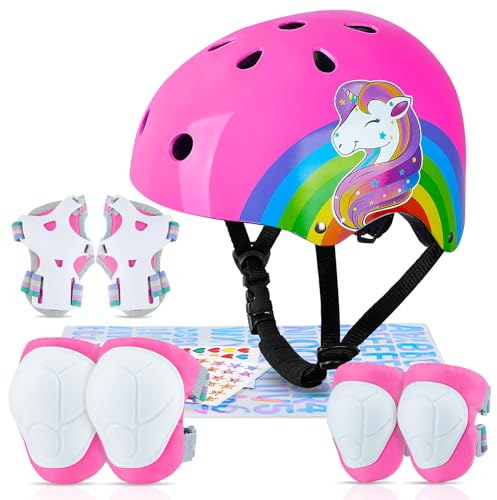MHJY Kids Bike Helmet and Pads Set With DIY Stickers Girl Knee and Elbow Pads Unicorn Adjustable Safety Gear Set for Children Age 3-5-8 Years Bicycle, Skateboard, Scooter, Roller Skates