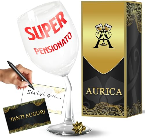 Aurìca Calice Vino Personalizzato SUPER PENSIONATO - Il Regalo Divertente Per Brindare A Un Traguardo Epico E Al Meritato Riposo! Bicchiere Piegato Originale E Inaspettato Con Scatola Regalo Inclusa