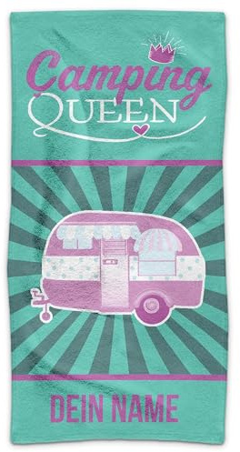Print Royal PR Personalisiertes Handtuch für Camper mit Spruch - Camping Queen - mit Name Bedrucken | Camping Badetuch selbst gestalten, Individuelles Fotogeschenk für Campingfreunde - 140 x 70 cm