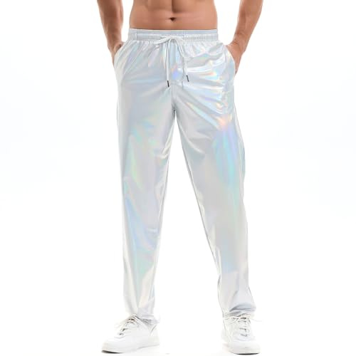 Amy Coulee Herren Glitzer Metallic Hose mit Taschen | Glänzend, Neon, Disco Hose, Party Festival Outfit, Rave, Nachtclub, Baggy, Gummizug, Kordelzug, Gerade, Offen Beinabschluss