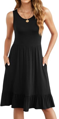 Anelune Sommerkleid Damen Leicht und Luftig Damenkleider Sommer Knielang Freizeit Trägerkleid für Jeden Tag Schwarz M