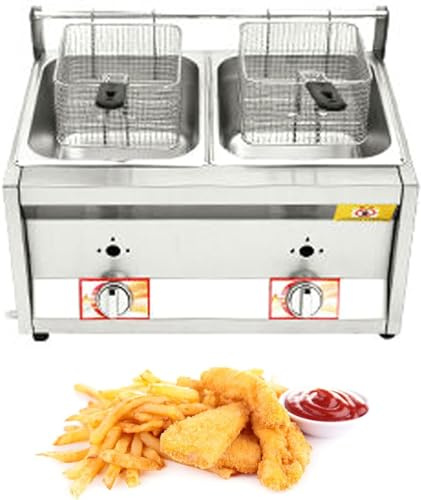 Kommerzielle LPG-Gas-Fritteuse für die Arbeitsplatte, Doppeltanks mit 10Lx2 Korb und Deckel, Edelstahl, Propan-LPG mit großer Kapazität und Metallrohr für Pommes Frites, Küche zu Hause, Restaurant