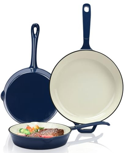Hisencn Enameled Cast Iron Skillet Set - 3 Piece Ceramic Coated Fry Pan Set 20.3, 24.1, 27.9 cm, PFAS/PTFE/PFOA Free, Oven & Induction Safe, Navy Blue Cookware for Gas/Electric Stovetop