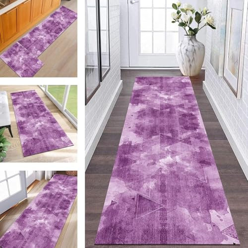 ZESEWU Teppich Läufer Flur Küche Waschbar rutschfest Korridor Teppichmatten 80X150CM Violett Abstrakt Küchenteppich Flurteppich Schlafzimmer Esszimmer Polyester Teppichläufer Meterware Anpassbar