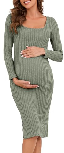LAHILO Long Sleeve Maternity Sweater Dress for Fall Winter, Knit Ribbed Maternity Bodycon Dress, Greenish Gray, XL