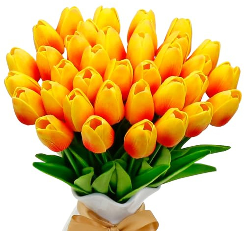 VIKINGS PANDA Tulpen Künstlich wie Echt 36 Stück 33 cm PU Real Touch Kunstblumen Orange für Room Decor Tisch Deko (Orange)