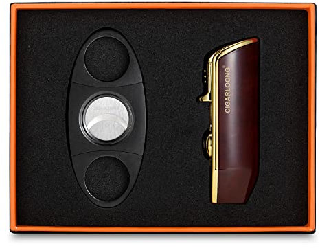 CIGARLOONG Ensemble Coupe-Cigare et Briquet à Double Lame Simple Guillotine et Briquet en métal à 3 Flammes de Torche à Jet avec Coffret Cadeau, sans gaz (Rouge)