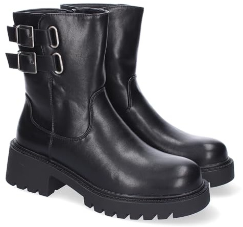 89034 Botin de Mujer con Detalles Modernos y Diseno de Tendencia, Ideal para Uso Diario y Eventos, Detalles de Hebillas, Combina Estilo y Comodidad, Salidas Diarias. Negro Talla 38