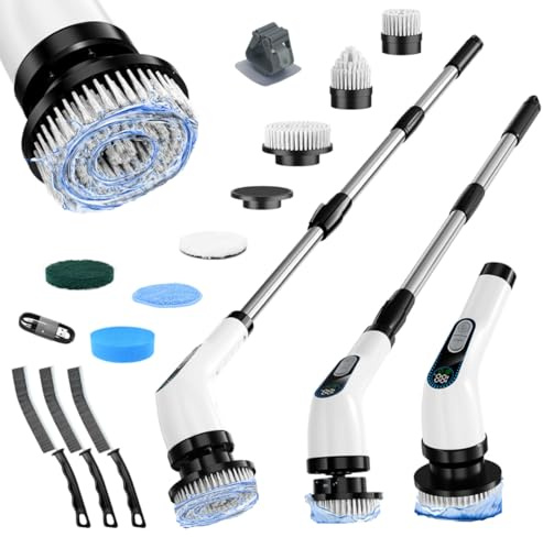 Electric Spin Scrubber Cordless – Powerful Bathroom Cleaning Brush with Long Handle, 2 Speeds, 3000mAh Rechargeable, 7 Brush Heads, Wall Hanger & Crevice Tools – Shower, Tub & Tile Cleaner
