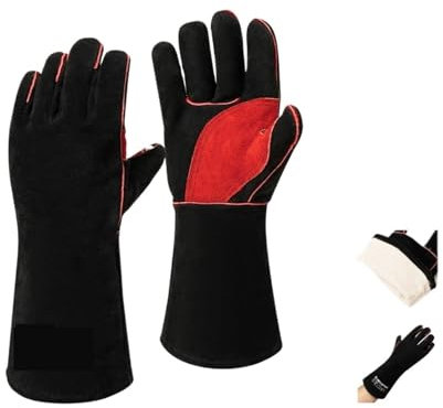 Guantes resistentes al calor Guantes de soldadura de 7,5 pulgadas x 16 pulgadas, guantes de cuero de piel de vaca for soldador, protección de jardín, manga larga resistente al calor Aptos para hornos,