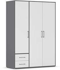 Rauch Möbel Hamilton, Kleiderschrank, Schrank, Garderobe, Organizer, 3-türig, 2 Schubladen für mehr Stauraum, Farbe Weiß/Grau metallic, Schwarz, Stangengriff Grau metallic, 140x194x54cm