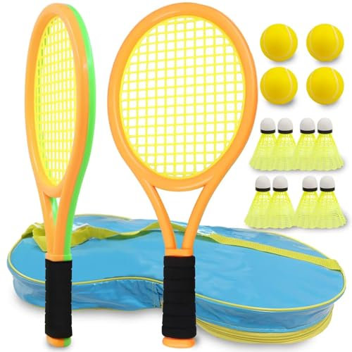 Ppbmocw Federball Set Kinder,17 Zoll TennisschläGer Für Kinder,Tennis Setmit 8 Badminton Und 4 Softball (Orange&Grün)