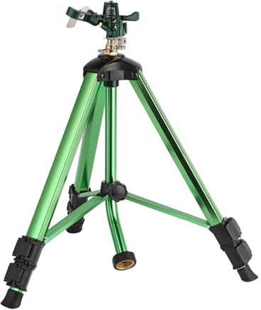 IRRSTPRO Aspersor de agua de aleación de zinc verde para pájaros, aspersor de jardín con base de trípode resistente, riego de área grande de 360 grados, patas de bloqueo abatible duraderas y boquilla
