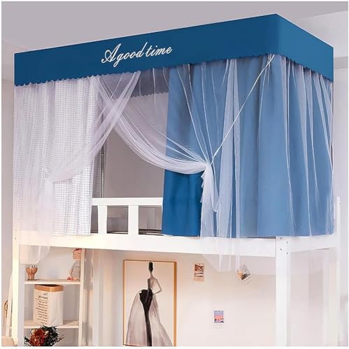 Sichtschutz Bettrahmen mit 4 Eckpfosten, Betthimmel, Rahmen für Etagenbett, Doppelbett, Etagenbett, Zelt, Baldachin, Etagenbett-Vorhänge (Farbe: Rosa, Größe: Oberes Etagenbett, Farbe: Blau)