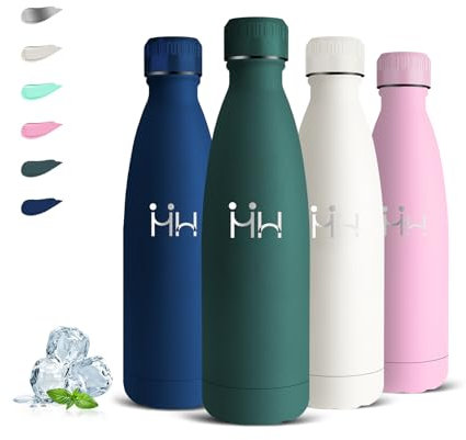 Borraccia- 0.5l- Borraccia Termica, Senza BPA, Borraccie Acciaio Inox, Senza Perdite, Bottiglie Metallo, Acciaio Inossidabile 18/8, Borracce per Scuole, Ufficio, Viaggio, Campeggio, Caffè, Yoga