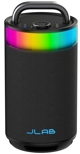 JLab Epic Party Bärbar Bluetooth-högtalare, svart, 360-graders ljud med 100 watt effekt, 16+ timmars speltid, anpassningsbar RGB LED-belysning, Lab Sync upp till 100 högtalare, anpassad ljud i app