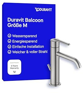Duravit Balcoon Waschtischarmatur, Größe M (Auslauf Höhe 138 mm), energiesparende Waschbecken Armatur, wassersparender Wasserhahn Bad (MinusFlow), mit Zugstangen-Ablaufgarnitur, Edelstahl Gebürstet