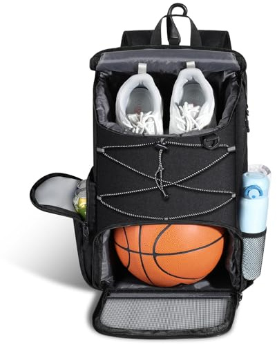 MoKo Sac de basket-ball, sac à dos de basket-ball avec sac à chaussures respirant, sac à dos avec plusieurs poches, crochet de clôture caché et port de charge pour les amateurs de sport de ballon