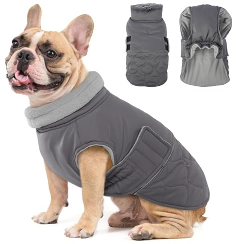 Hjumarayan Hundemantel Französische Bulldogge, Wattierend Jacke Warme Mantel Hund Geschirröffnung, Wintermantel Gefüttert für Französische Bulldogge, Mops, Westie (Grau M)