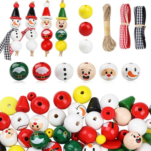 180 cuentas de madera de Papá Noel para Navidad, invierno, cuentas de madera de Papá Noel, muñeco de nieve, kit de cuentas con cuerda de cáñamo para decoraciones de árbol de Navidad y manualidades