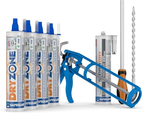 Dryzone Kit Anti Remontées Capillaires 6 m – 4 x 310ml Crème Injection Murale – Barrière Étanchéité Murs – Foret 12mm, Pistolet & Accessoires