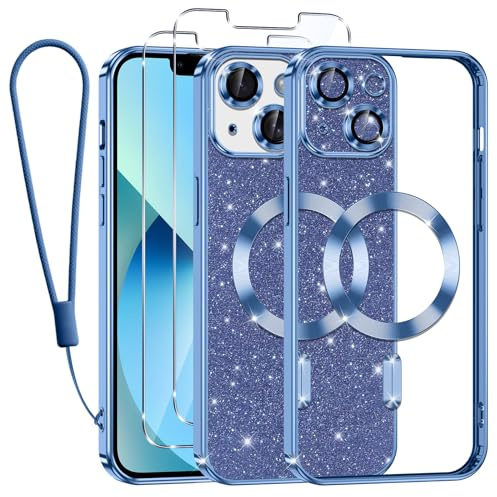 Tikfrlo Handykette für iPhone 13 Hülle mit MagSafe, Glitzer Magnetisch Handyhülle Stoßfeste Silikon TPU Schutzhülle Case für iPhone 13 mit 2 Stück Schutzfolie, Blau