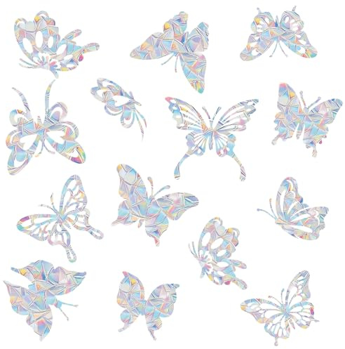 LUMOOM Suncatcher Lot de 14 autocollants pour fenêtre - Motif papillon - Arc-en-ciel - Protection contre les oiseaux - Attrape-soleil - Décoration de fenêtre pour salle de bain et fenêtre (papillons)