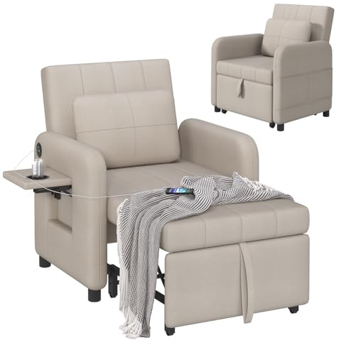 DSNAPE Sessel mit Schlaffunktion, Schlafsessel mit Bettfunktion, Schlafsofa mit Verstellbare Rückenlehne Inkl. Klapptablett & Ladeanschluss, Klappbar Sofa Bett für Wohnzimmer Schlafzimmer, Beige