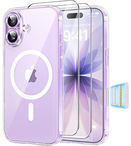 Guisessy Magnética Funda para iPhone 17 Compatible MagSafe con 2 Cristal Templado, Control de Cámara, Protección Carcasa Antigolpes Anti-Amarillo Tapa Case iPhone 17, Transparente