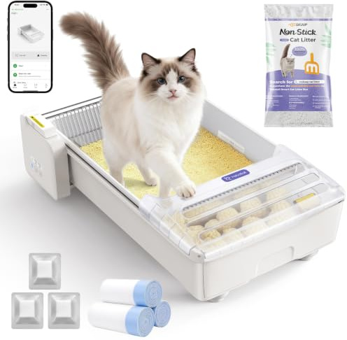 Vollständig Offene Selbstreinigende Katzentoilette Katzenklo Selbstreinigend, Anti-Klemm Automatisches Elektrisches Katzenklo mit APP-Steuerung, Transparente Mülltonnenabdeckung, mit 1,5kg Katzenstreu