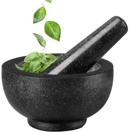 Flexzion Granite Mortar and Pestle Set - Solid Marble Stone Grinder Bowl Holder 4.72 Inch for Guacamole, Herbs, Spices, Garlic, Kitchen, Cooking, Medicine