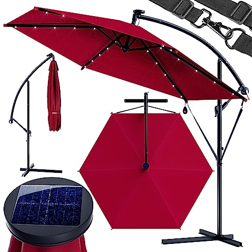 Kingsleeve® Parasol déporté inclinable rouge Ø 300cm Pare-soleil en aluminium avec éclairage LED Protection UV80+ jardin