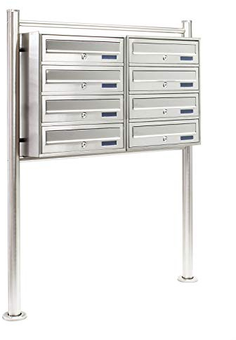 Wiltec 8er Briefkastenanlage Edelstahl 945 x 270 x1500 mm, Standbriefkasten mit 2x4 Fächern, Schlüssel und Namensschild, Briefkasten Postkasten mit Ständer