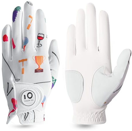 FINGER TEN Golf Gloves Women with Ball Marker 1 Pack | Left Right Hand Available,Pu Leather Colorful Pattern Design, Breathable Flexible Comfort Fit, Stable Durable Swing Grip