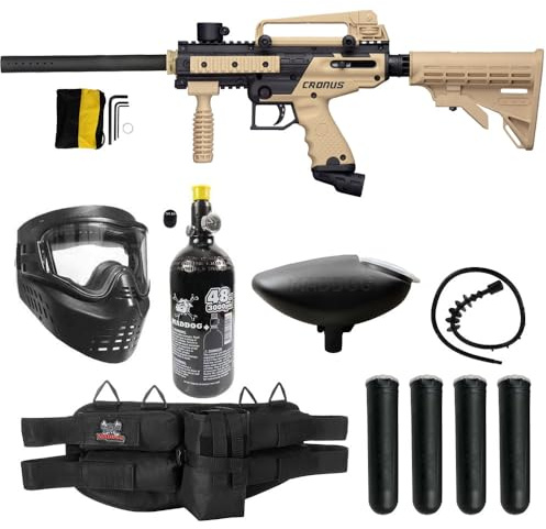 Maddog Tippmann Cronus Tactical Paintball Gun Marker and Silver HPA Accessory Starter Package | Comes with Marker, Anti-Fog Mask, Hopper, Harness, Pods, & 48CI HPA Tank - Black/Tan