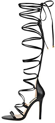 LISHAN Womens Black Strappy Gladiator Knee High Heel Sandals Open Toe Lace Up Stiletto Criss Cross High Heel Fashion Shoes Stripper Heels 6 M US