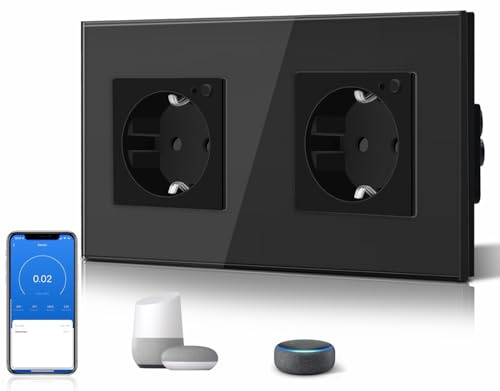 BSEED Schuko Wifi Doppelt Steckdose Unterputz mit Energieüberwachung 16A Smart Alexa, APP-Steuerung Arbeit mit Alexa/Google Home Stromverbrauch messen, Zeitpläne, Timer, Nur 2.4 GHz Schawarz