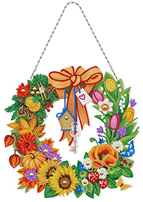 Sarah Duke 5D DIY Diamond Painting Blider Weihnachtskranz, Weihnachten Fensterhänger Türkranz Kristall Malerei Weihnachtsdeko Kranz mit LED Lichter (C)