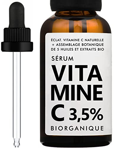 Sérum Visage VITAMINE C | 100% naturel | Avec Huiles de Jojoba BIO + Rose musquée BIO/Extraits de Réglisse BIO + Guimauve BIO | Teint éclatant/uniforme + Anti-Taches + Elasticité | 30ml/9 ingrédients