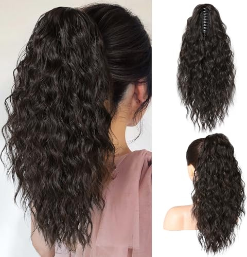 SEIKEA PT002 Tia förlängningskloa, lång, flera lager, fluffig, tjock, vågig, lockig, clip-in-hårförlängning, hästsvans, naturlig, mjuk, syntetisk hårdel för kvinnor, svartbrun