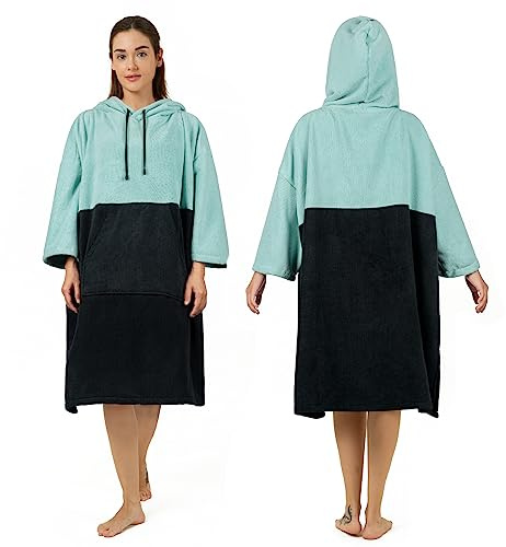 Zingtto Surfponcho, omklädningsrock, 3/4-ärmar, extra stor, tjock handduk poncho med huva för män och kvinnor, strandsimning, 90 x 80 cm, svart teal