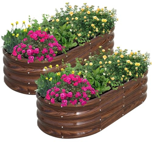 SnugNiture Galvanized Raised Garden Bed Outdoor, 2 Pcs 4x2x1ft Oval Metal Planter Box for Planting Plants Vegetables, Brown