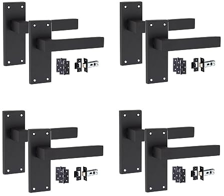 Golden Grace Victorian Delta Door Latch Handles, Matt Black, 4 Sets | Includes 120mm x 40mm metal backplates, 3-inch ball bearing hinges, and 45mm backset tubular fittings with fixings.