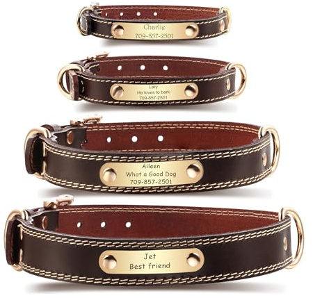 MeMeDIY Personalisierte Hundehalsbänder aus Leder Gravierbares Namen ID-Tag Braunes Halsband Leder-Namensschild-Halsband für Kleine Mittelgroße und Große Hunde (XS)