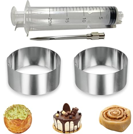 2 Aros de Cocina de Acero Inoxidable 10 cm x 4 cm + Jeringa de Cocina Reposteria 20ML para rellenar con aguja - Aro de Emplatar Horno - Molde para Tarta, New York Roll y Muchas mas Recetas