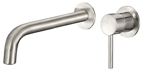 VALAZ Rubinetto Bagno Lavabo a Muro Acciaio Spazzolato Protezione PVD | Miscelatore Lavabo Bagno Acqua Fredda e Calda | Installazione Facile | Ottone, Inossidabile, Becco 21cm, Serie Deva
