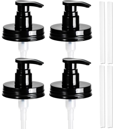 Amolliar Plastic Mason Jar Soap Dispenser Pump Lids - 4 Pack Black | Universal Pump Replacement for Regular Mouth Jar, Long Tubes & Cute Lable, for Kitchen, Bathroom, Dish Soap Lotions Hand Soap