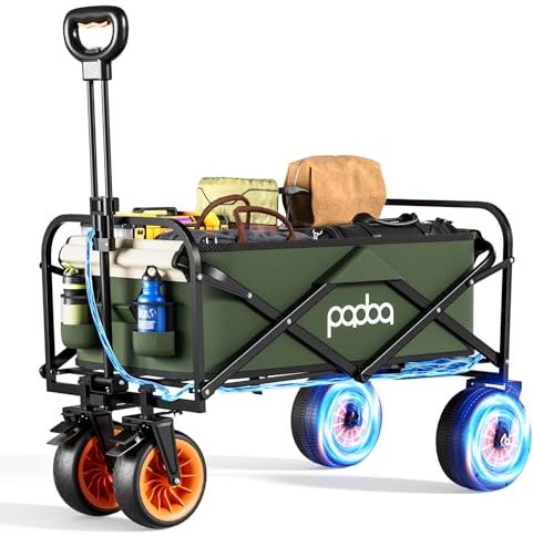 Nouno Faltbarer Gartenwagen, elektrisch, zusammenklappbar, 136 kg, mit großen All-Terrain-Rädern, tragbar für Camping, Outdoor, Strand, Angeln, Picknick, Sport, Einkaufen (grün)