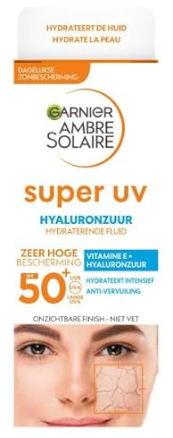 GARNIER Ambre Solaire - Fluide Super UV - Crème Solaire Visage SPF 50+ - Hydratation 24H - Acide Hyaluronique & Vitamine E - Vegan & Cruelty Free - Tous Types de Peaux - Homme/Femme - 40 ml