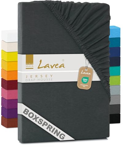 Lavea Jersey Spannbettlaken 200x220cm - 40cm Steg für Boxspringbetten - Anthrazit, Weich & Atmungsaktiv - Premium Qualität, Pflegeleicht, Perfekte Passform - Ideal für Boxspringbetten